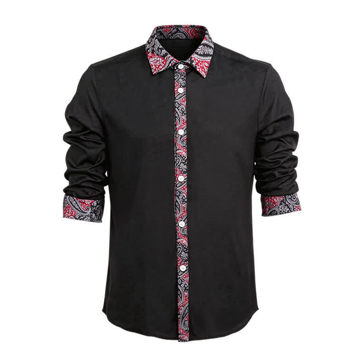 Camicia elegante da uomo con colletto a contrasto, fantasia paisley nera, rossa e grigia. - Nero e rosso - 6XL - image 0