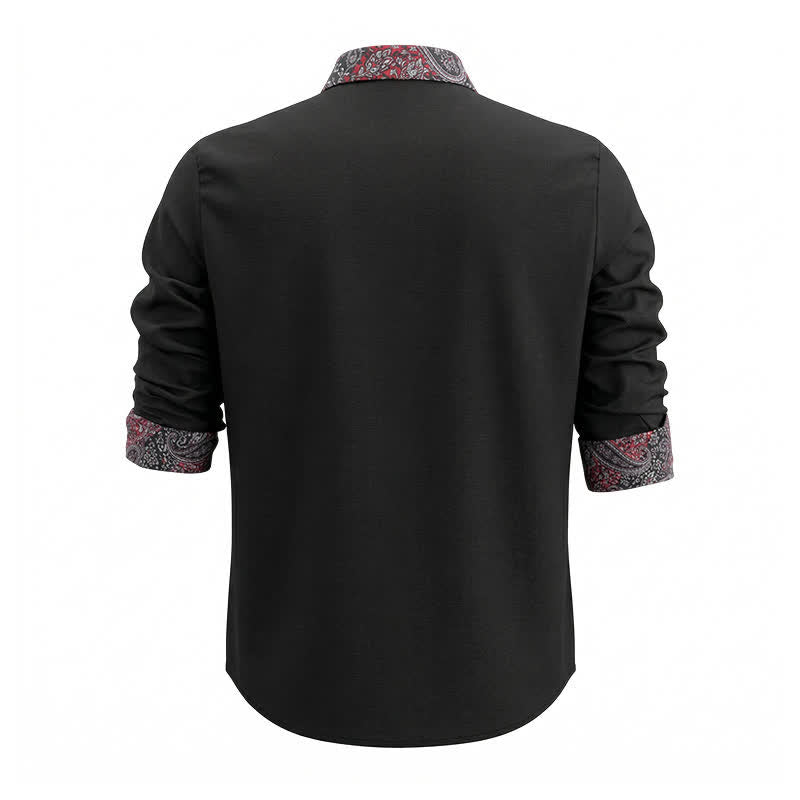 Camicia elegante da uomo con colletto a contrasto, fantasia paisley nera, rossa e grigia. - image 4