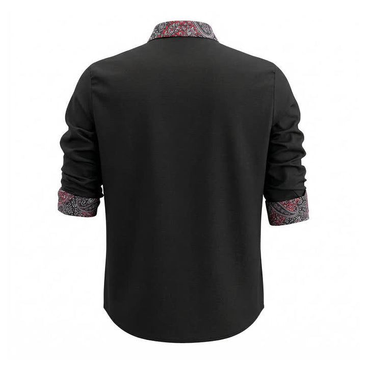 Camicia elegante da uomo con colletto a contrasto, fantasia paisley nera, rossa e grigia. - image 4