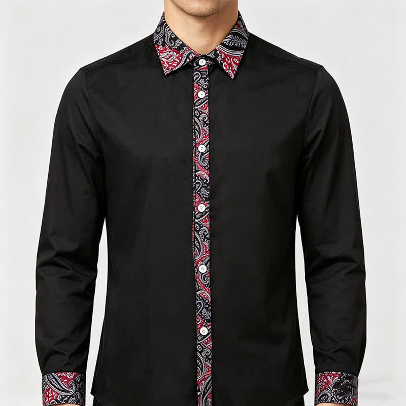Camicia elegante da uomo con colletto a contrasto, fantasia paisley nera, rossa e grigia. - image 2