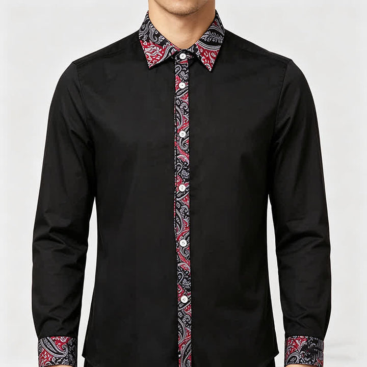 Camicia elegante da uomo con colletto a contrasto, fantasia paisley nera, rossa e grigia. - image 2