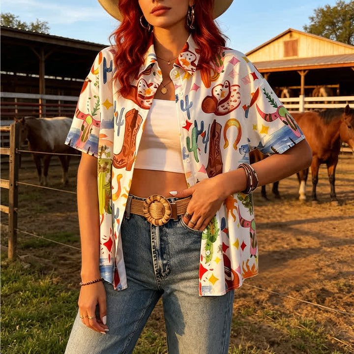 Camicia estiva casual da donna con stampa acquerello a maniche corte in stile western - Stile n. 4 - 4XL - image 3