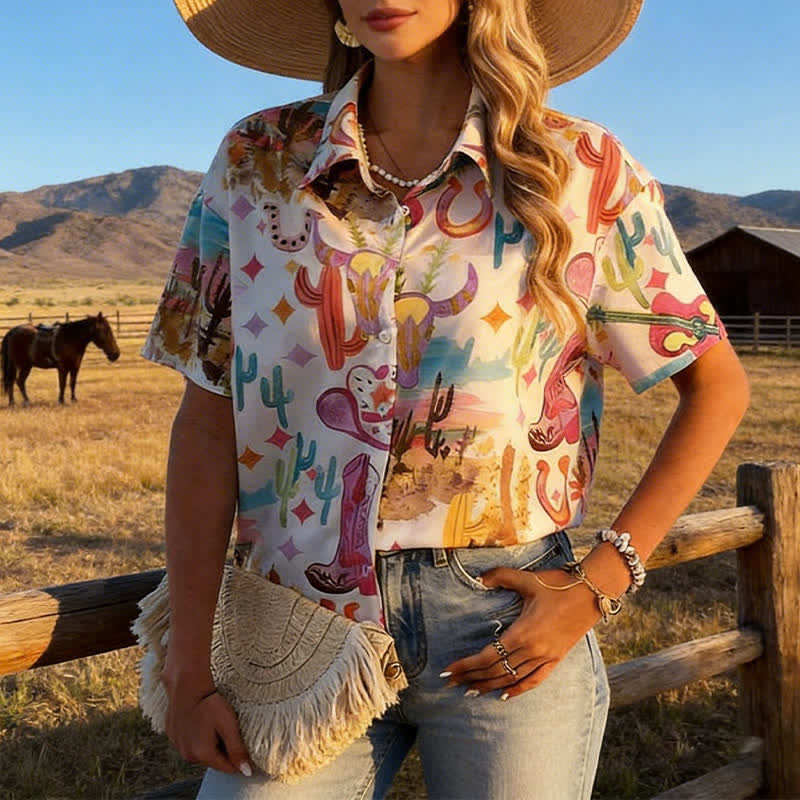 Camicia estiva casual da donna con stampa acquerello a maniche corte in stile western - Stile n. 1 - 4XL - image 0