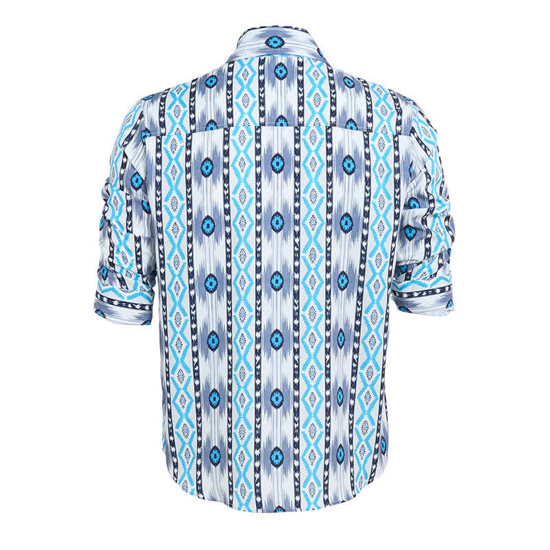 Camicia western da uomo blu e grigia con stampa 3D a motivo azteco. - image 9
