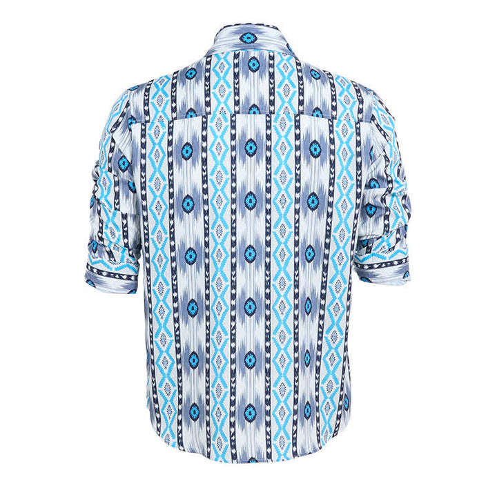 Camicia western da uomo blu e grigia con stampa 3D a motivo azteco. - image 9