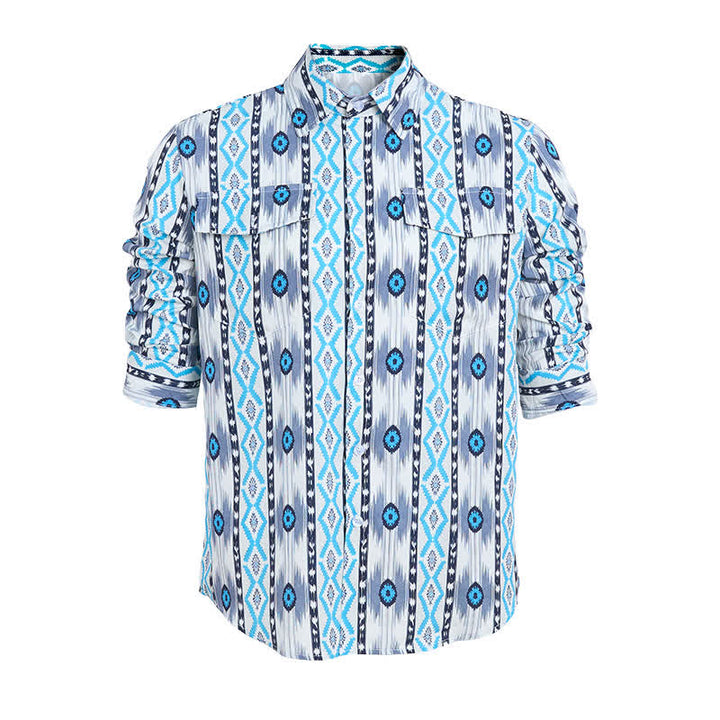Camicia western da uomo blu e grigia con stampa 3D a motivo azteco. - image 8