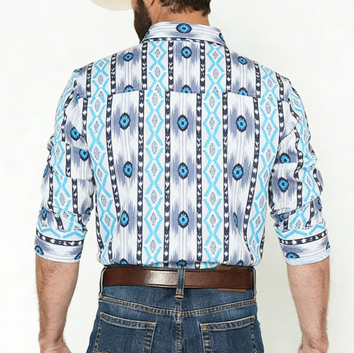 Camicia western da uomo blu e grigia con stampa 3D a motivo azteco. - image 2