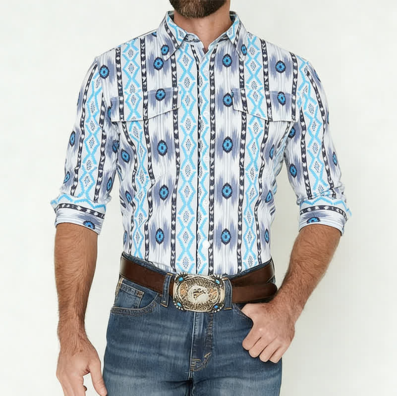 Camicia western da uomo blu e grigia con stampa 3D a motivo azteco. - image 1