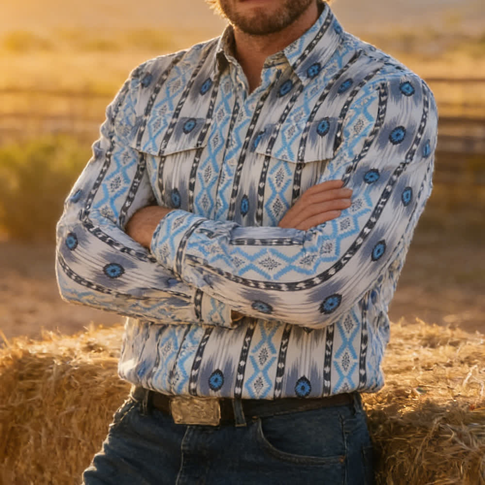 Camicia western da uomo blu e grigia con stampa 3D a motivo azteco. - Blu e grigio - 5XL - image 0