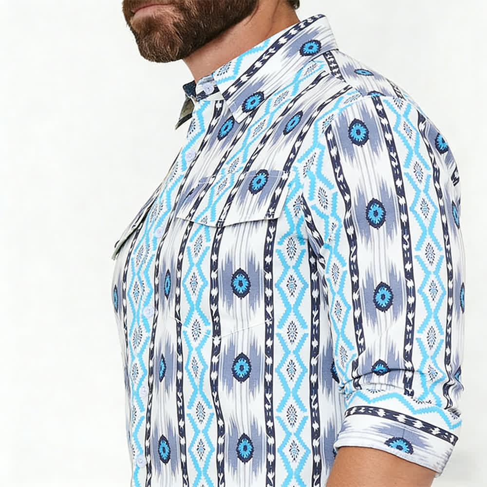 Camicia western da uomo blu e grigia con stampa 3D a motivo azteco. - image 3