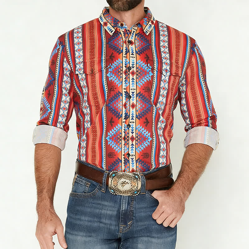 Camicia da uomo arancione stile western con stampa 3D tribale del sud-ovest americano. - image 1