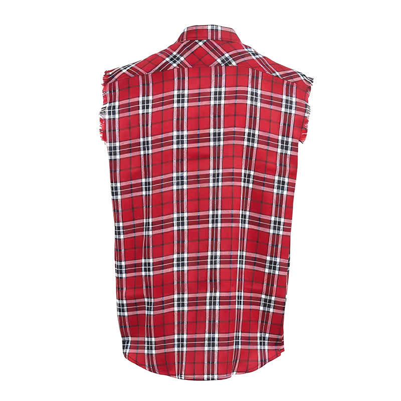 Gilet-camicia senza maniche da uomo a quadri rossi in stile western con frange - image 8