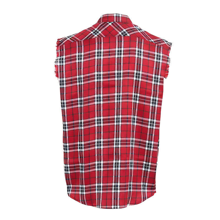 Gilet-camicia senza maniche da uomo a quadri rossi in stile western con frange - image 8