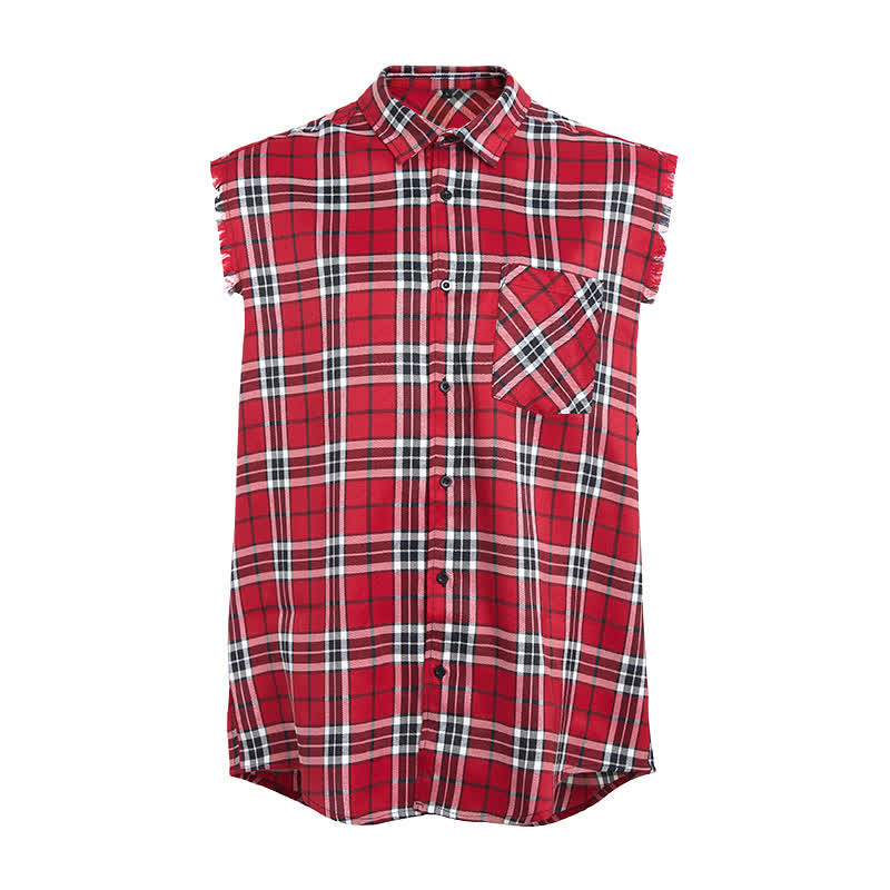 Gilet-camicia senza maniche da uomo a quadri rossi in stile western con frange - image 7