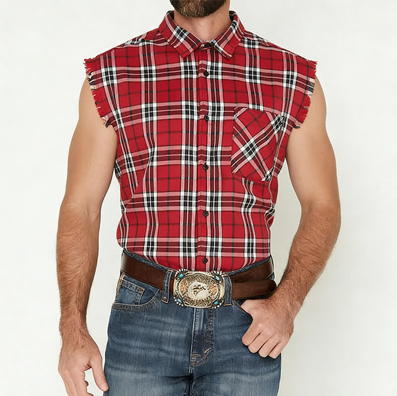Gilet-camicia senza maniche da uomo a quadri rossi in stile western con frange - image 1