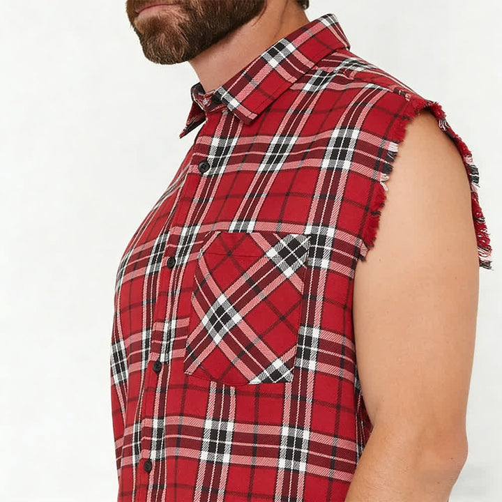 Gilet-camicia senza maniche da uomo a quadri rossi in stile western con frange - image 3