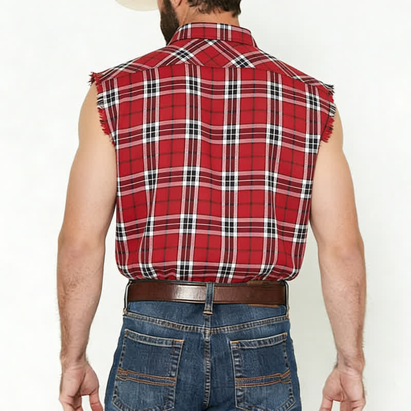Gilet-camicia senza maniche da uomo a quadri rossi in stile western con frange - image 2