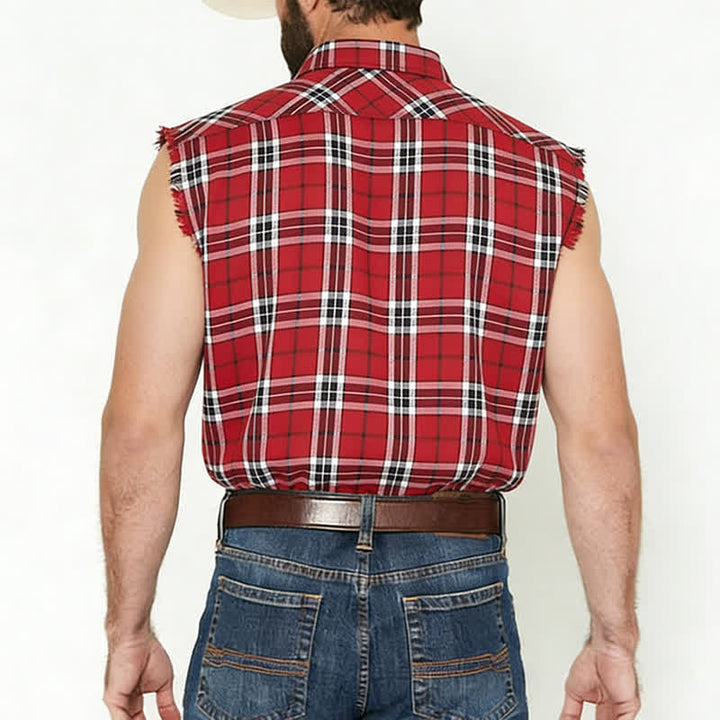 Gilet-camicia senza maniche da uomo a quadri rossi in stile western con frange - image 2