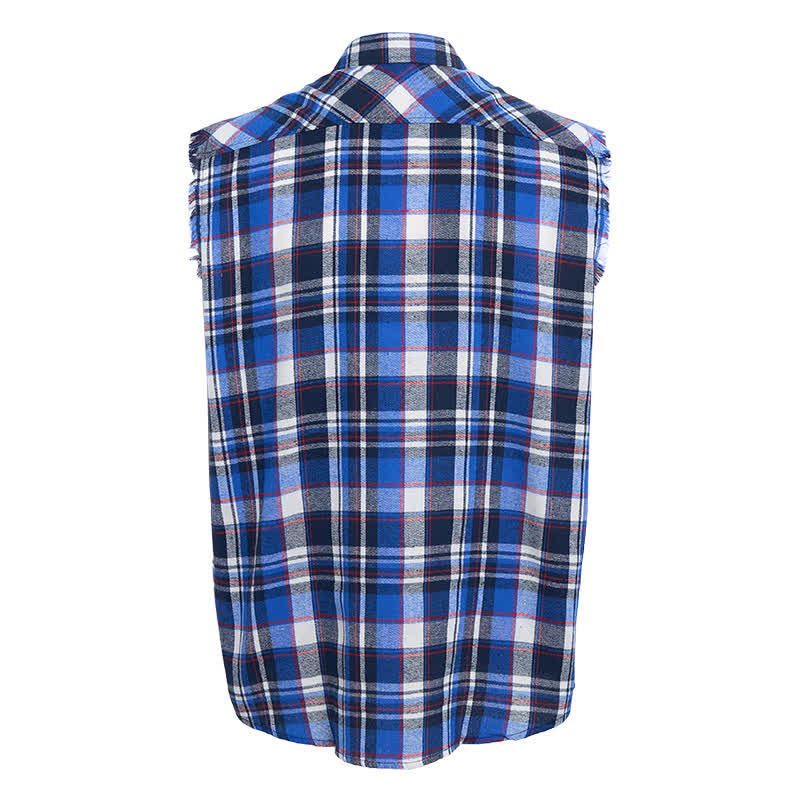 Gilet senza maniche da uomo a quadri blu e bianchi in stile western, con orlo sfrangiato. - image 9