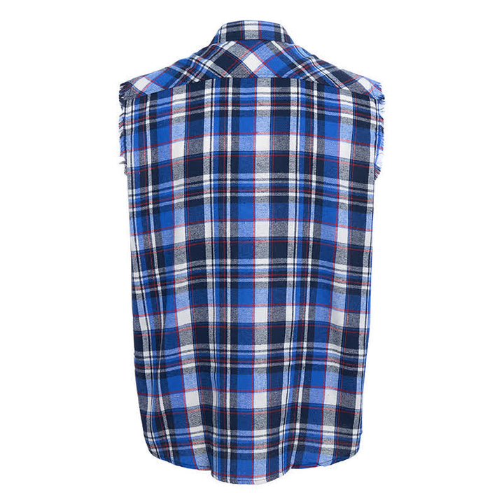 Gilet senza maniche da uomo a quadri blu e bianchi in stile western, con orlo sfrangiato. - image 9
