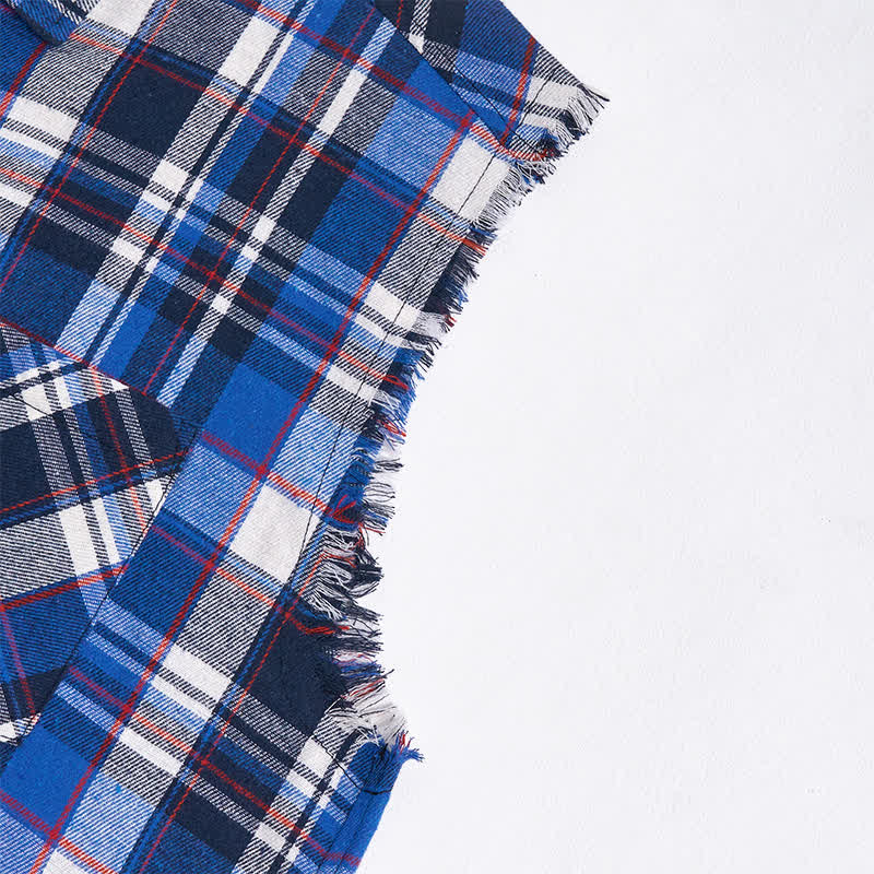 Gilet senza maniche da uomo a quadri blu e bianchi in stile western, con orlo sfrangiato. - image 7