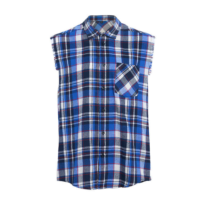 Gilet senza maniche da uomo a quadri blu e bianchi in stile western, con orlo sfrangiato. - image 8