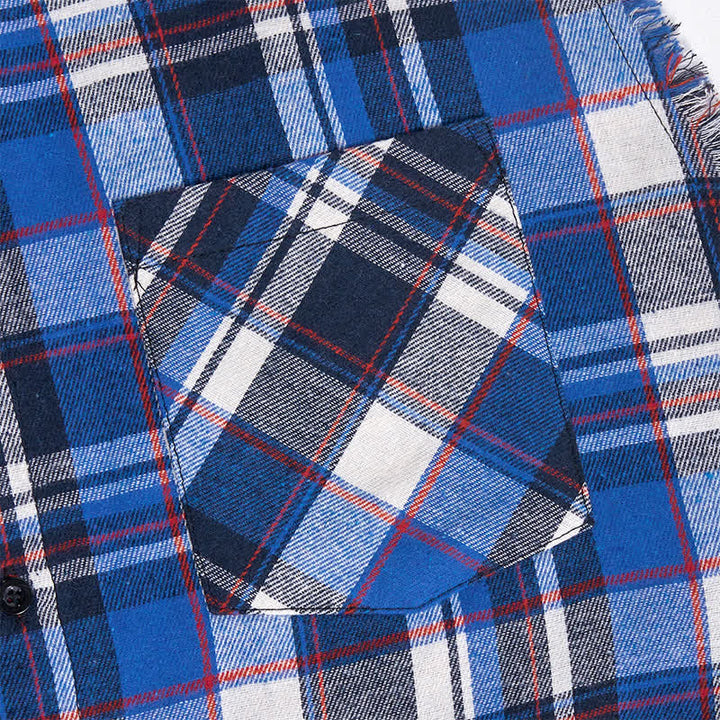 Gilet senza maniche da uomo a quadri blu e bianchi in stile western, con orlo sfrangiato. - image 5
