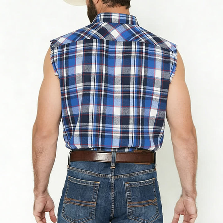 Gilet senza maniche da uomo a quadri blu e bianchi in stile western, con orlo sfrangiato. - image 2