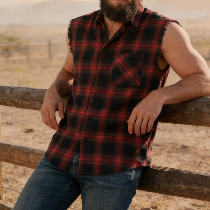 Gilet senza maniche da uomo in stile western con motivo a quadri - Rosso - 3XL - image 4