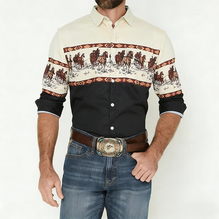 Camicia da uomo a blocchi di colore con stampa di cavalli - image 1