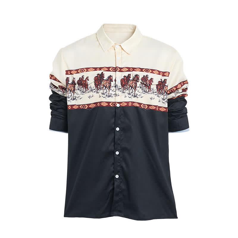 Camicia da uomo a blocchi di colore con stampa di cavalli - image 8