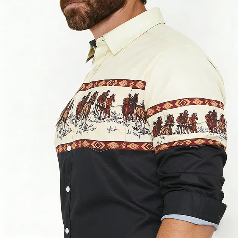 Camicia da uomo a blocchi di colore con stampa di cavalli - image 3