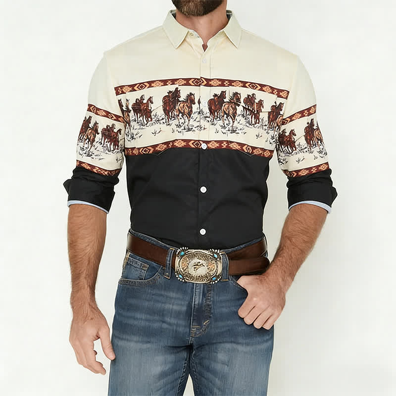 Camicia da uomo a blocchi di colore con stampa di cavalli - image 1