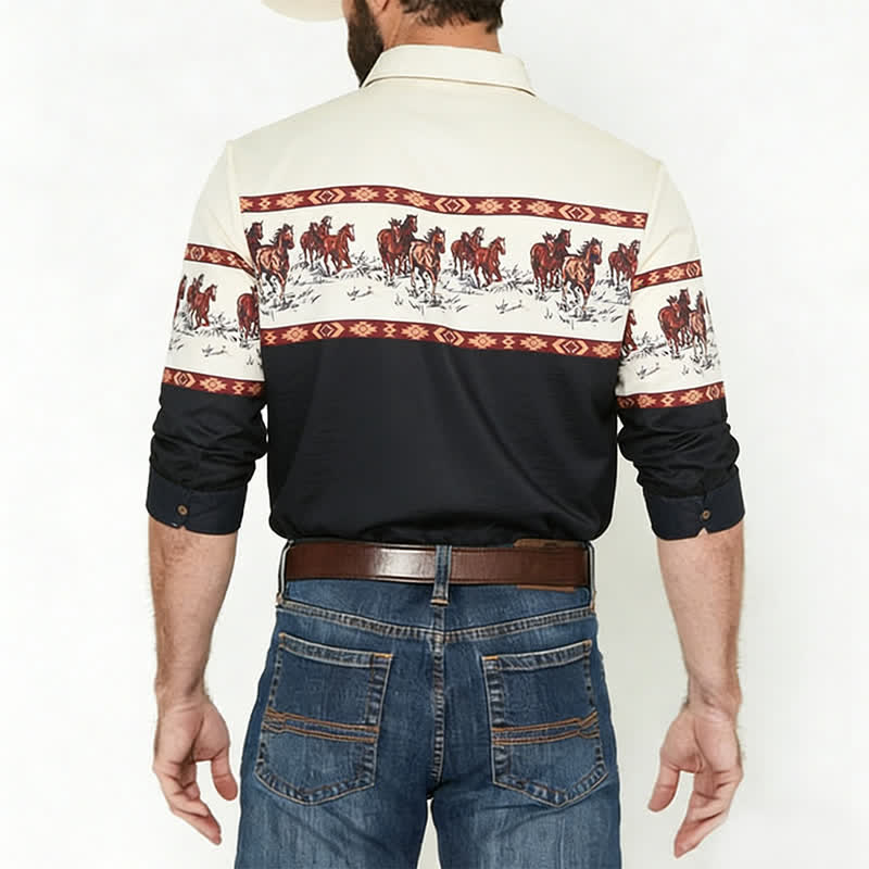 Camicia da uomo a blocchi di colore con stampa di cavalli - image 2