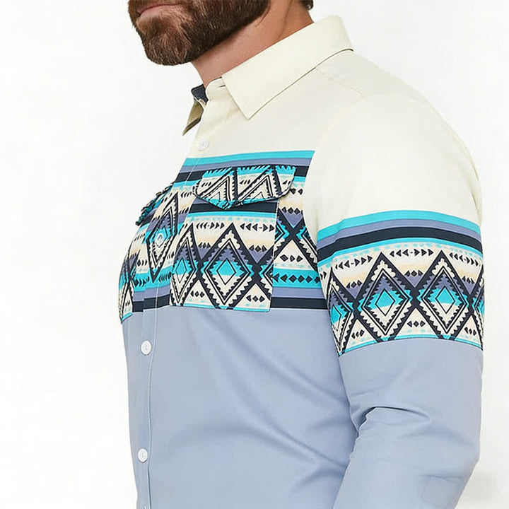 Camicia da uomo a blocchi di colore con stampa a righe azteche e stile sud-occidentale - image 3