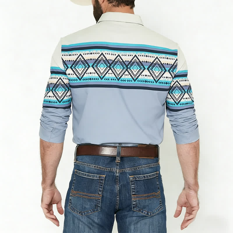 Camicia da uomo a blocchi di colore con stampa a righe azteche e stile sud-occidentale - image 2