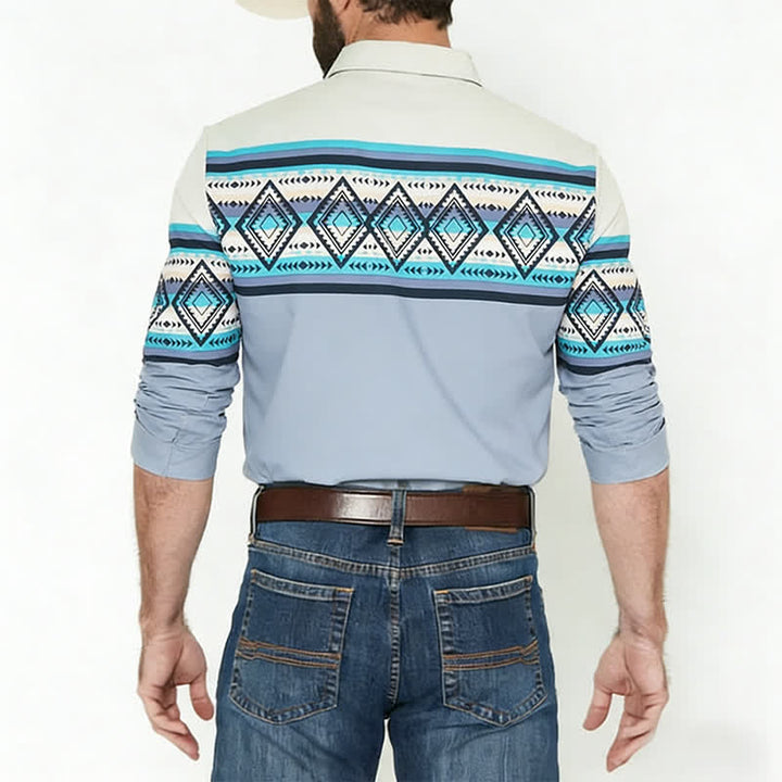 Camicia da uomo a blocchi di colore con stampa a righe azteche e stile sud-occidentale - image 2