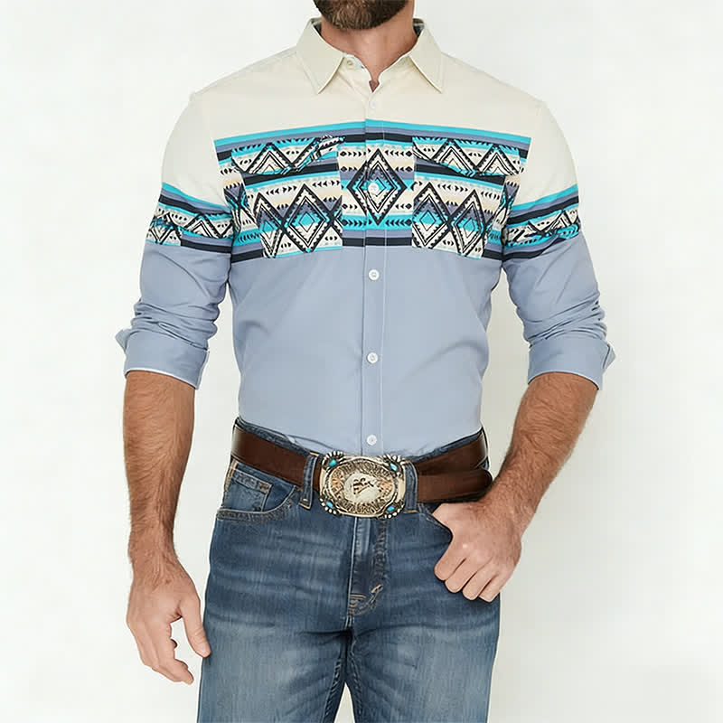 Camicia da uomo a blocchi di colore con stampa a righe azteche e stile sud-occidentale - image 1