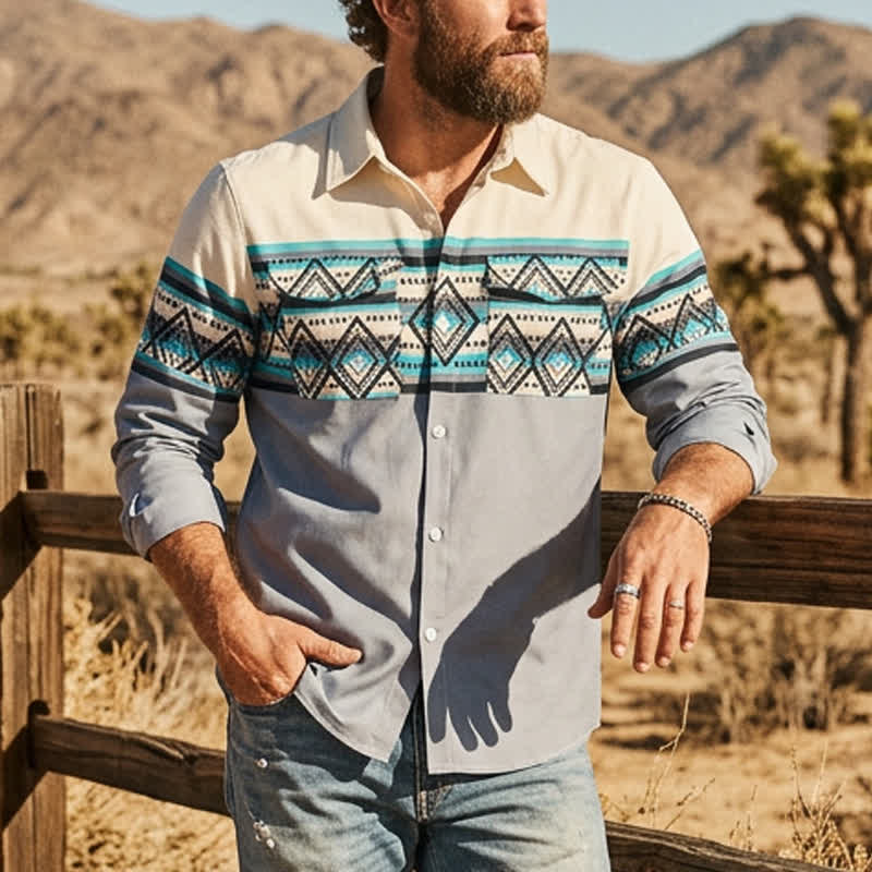 Camicia da uomo a blocchi di colore con stampa a righe azteche e stile sud-occidentale - Avorio e grigio - 5XL - image 0