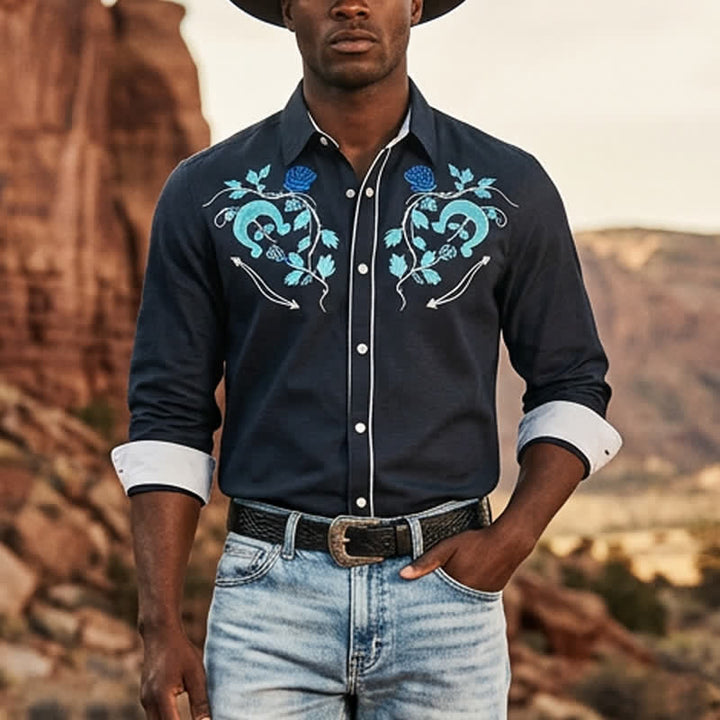 Camicia da cowboy da uomo con motivo a ferro di cavallo e rosa, stile western. - Bianco e nero - 6XL - image 4