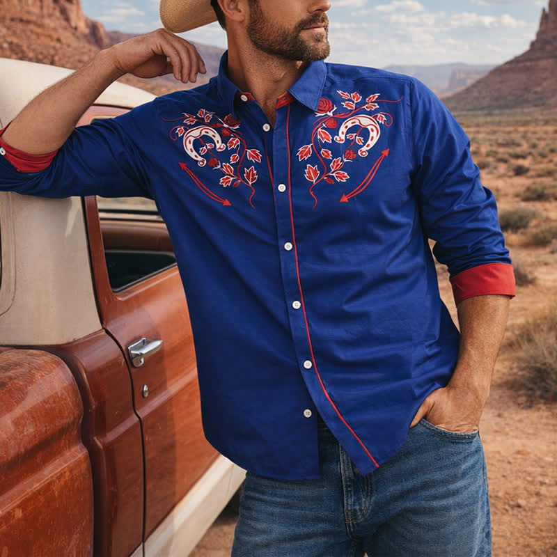 Camicia da cowboy da uomo con motivo a ferro di cavallo e rosa, stile western. - Rosso e blu navy - 6XL - image 0