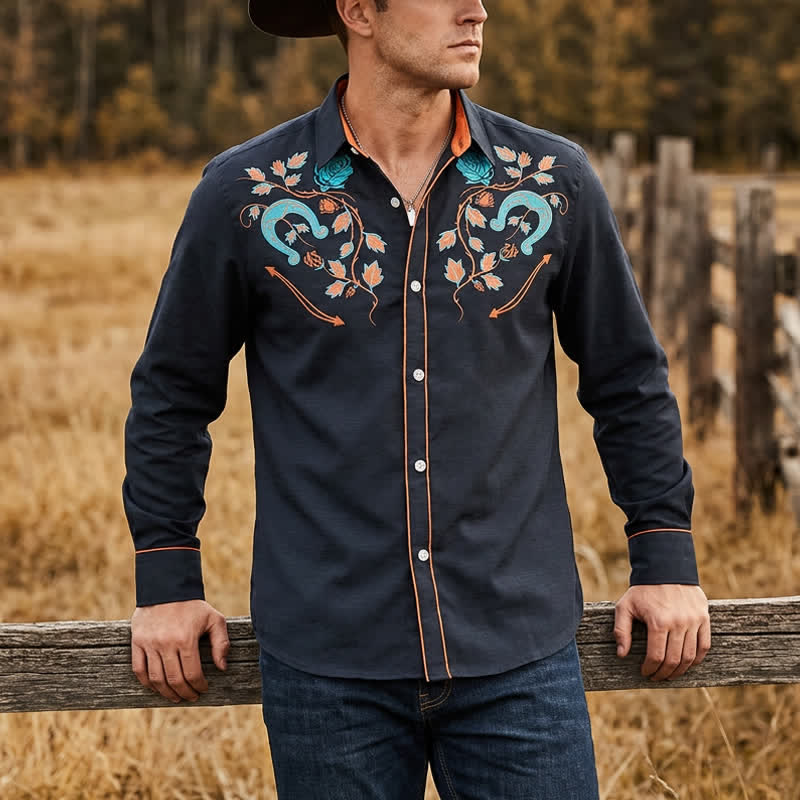Camicia da cowboy da uomo con motivo a ferro di cavallo e rosa, stile western. - Arancione e nero - 6XL - image 5