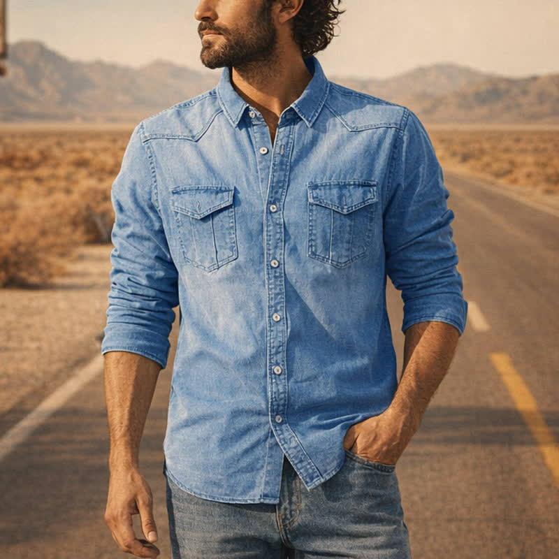 Camicia da uomo in denim stile western casual con tasche sul petto - Azzurro chiaro - 3XL - image 0