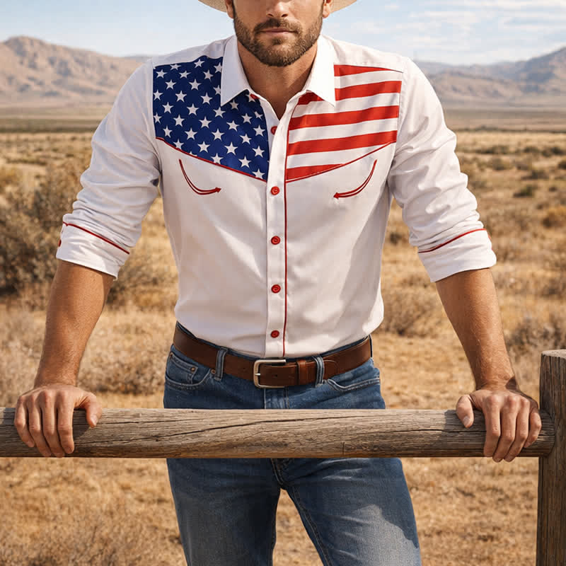 Camicia da uomo con carré e bottoni, fantasia bandiera americana occidentale. - Bianco - 5XL - image 0