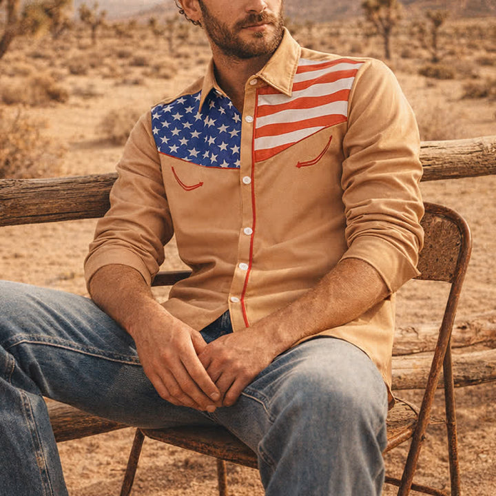 Camicia da uomo con carré e bottoni, fantasia bandiera americana occidentale. - Cachi - 5XL - image 4