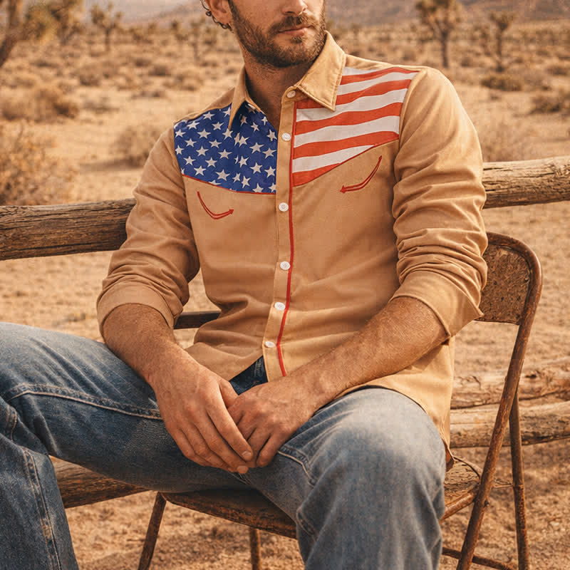 Camicia da uomo con carré e bottoni, fantasia bandiera americana occidentale. - Cachi - 5XL - image 4