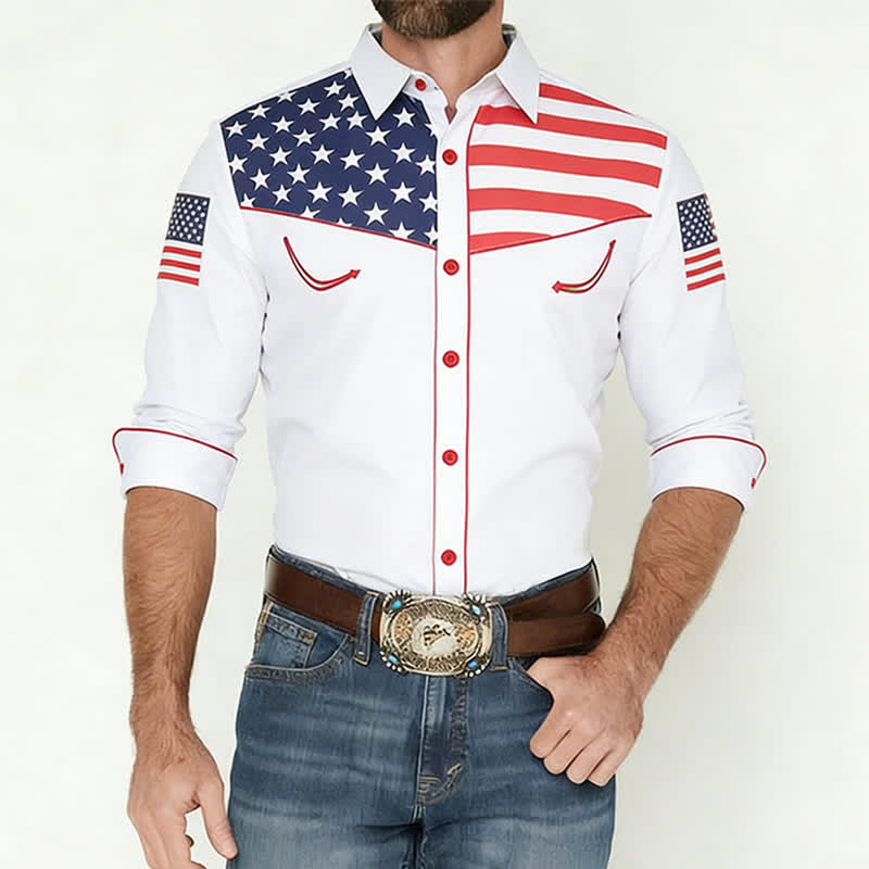 Camicia da uomo con carré e bottoni, fantasia bandiera americana occidentale. - image 1