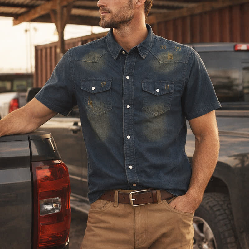 Camicia da uomo in denim vintage a maniche corte, stile western - Blu scuro - 3XL - image 0
