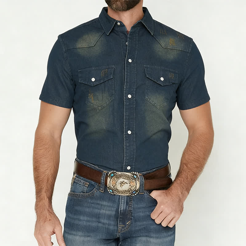 Camicia da uomo in denim vintage a maniche corte, stile western - image 1