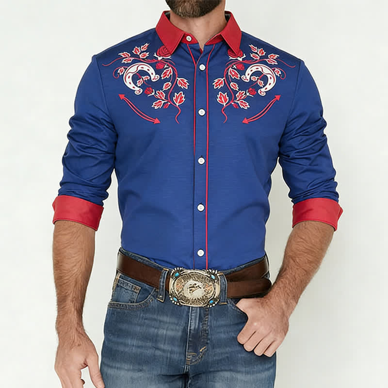 Camicia da cowboy da uomo con motivo a ferro di cavallo e rosa, stile western. - image 1
